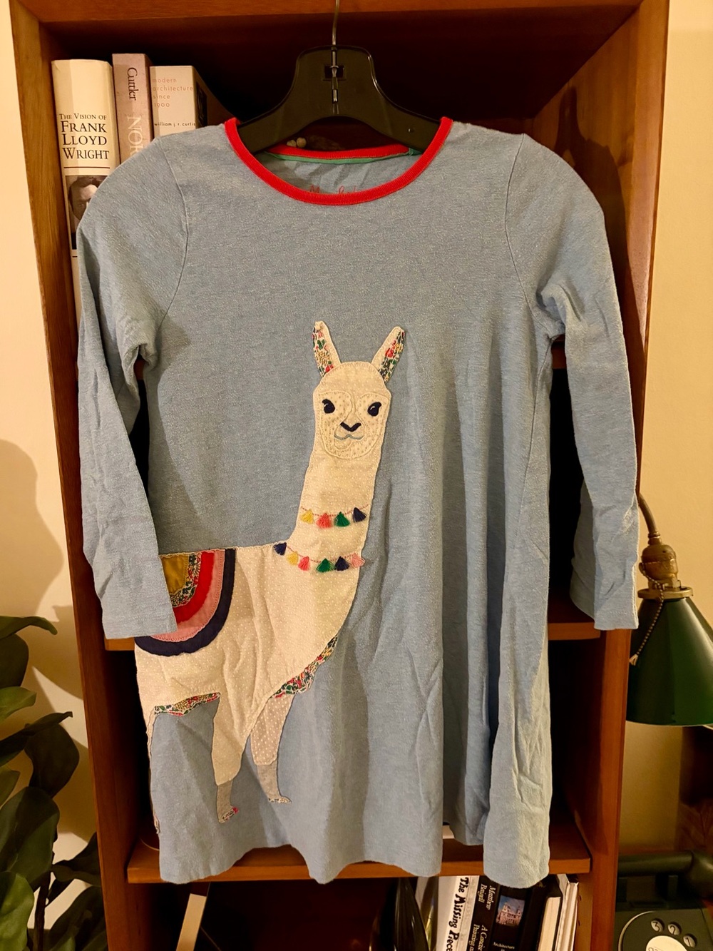 Mini Boden Light Blue Long Sleeve Dress with Llama Appliqué and Red Trim